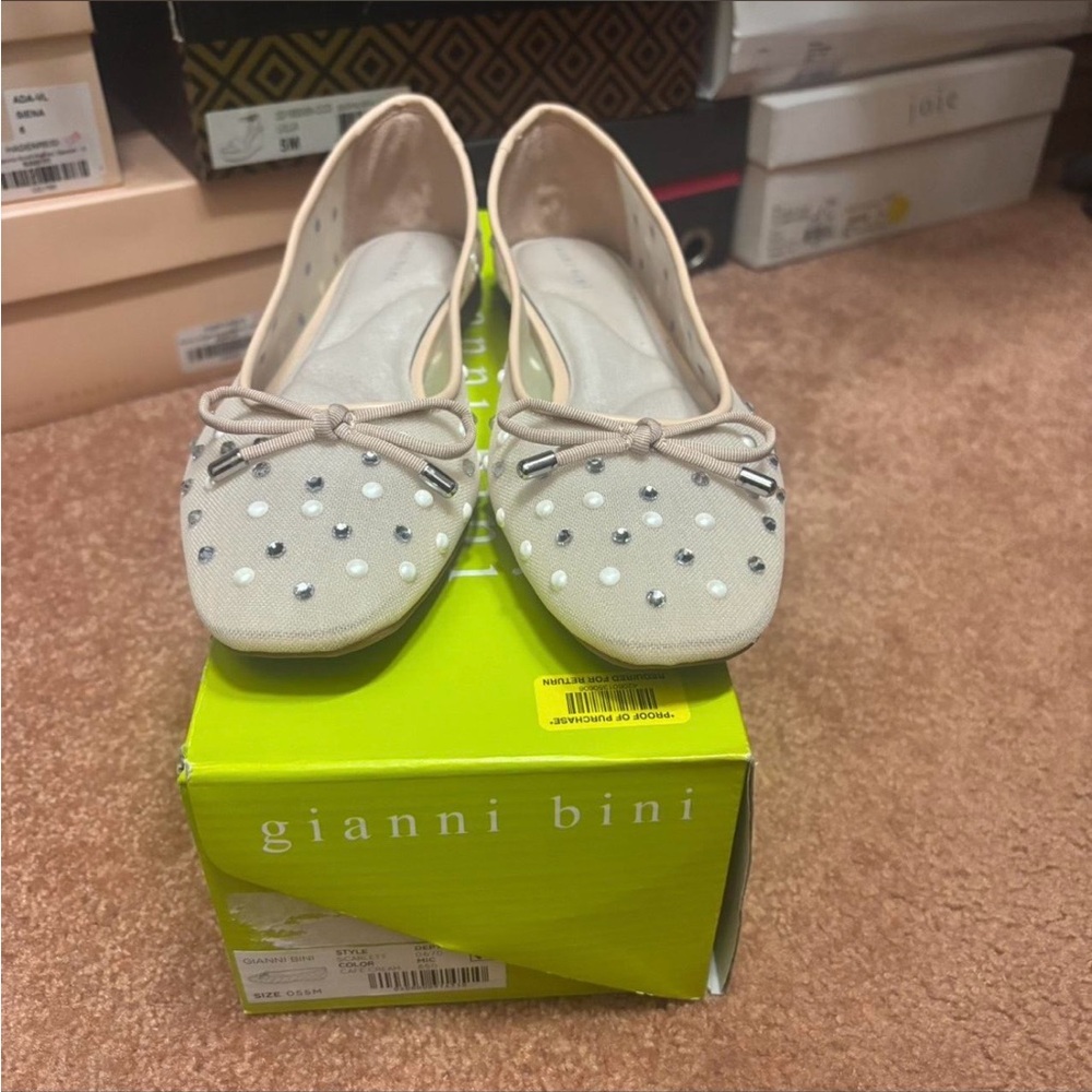 Gianni Bini Neutral Beige Pearl & Stud Embellished Ballet Flats